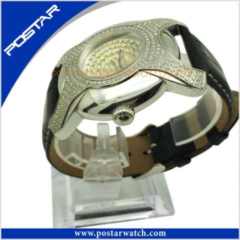 a+ Quality Irregualr-Shaped Stainless Steel Watch Genuine Leather Band Psd-2785